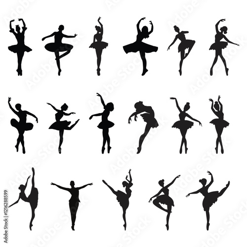 Woman ballerina jumping performs dance on stage of ballet theater performing with crown number in front of audience. Girl ballerina in spotlight is dressed for classical ballet. Ballet elements icon
