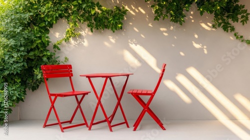 Bright red foldable bistro set under a shady pergola