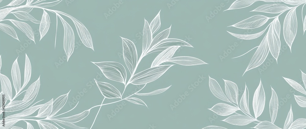 Mimosa leaves seamless pattern, soft sage green background with white lines and contours, fine line art drawing, modern botanical illustration Mimosa leaves seamless pattern, soft sage green background with white lines and contours, fine line art drawing, modern botanical illustration