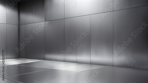 Abstract minimalist corner with brushed metallic walls and floor.