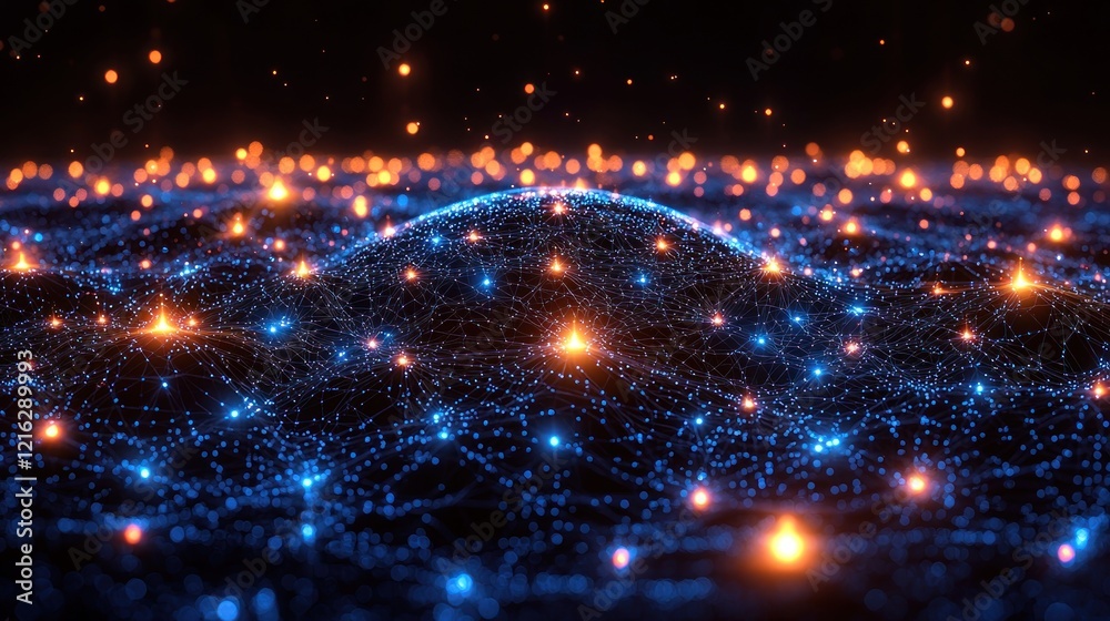 Naklejka premium Blue network with orange dots. Abstract, futuristic graphic background. Use tech.