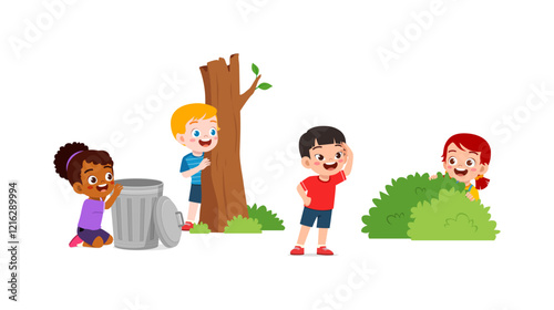 little kid play hide and seek with friend and feel happy