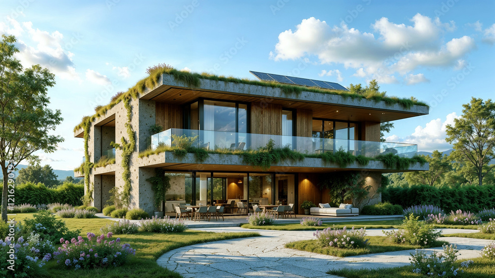 Obraz premium Modern eco-friendly homes nestled in a lush green landscape surrounded by trees and rocks