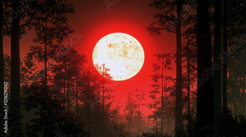 Crimson Night: Blood Moon Rises Over Dark Forest - Surreal Landscape photo