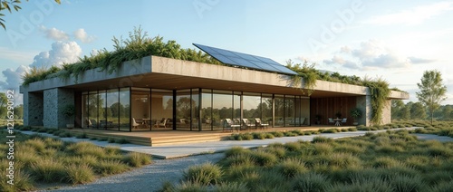 Modern house design with a blend of concrete and wood amidst a lush green landscape in daylight