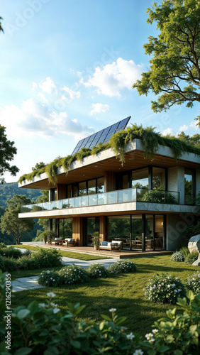Modern eco-friendly homes nestled in a lush green landscape surrounded by trees and rocks