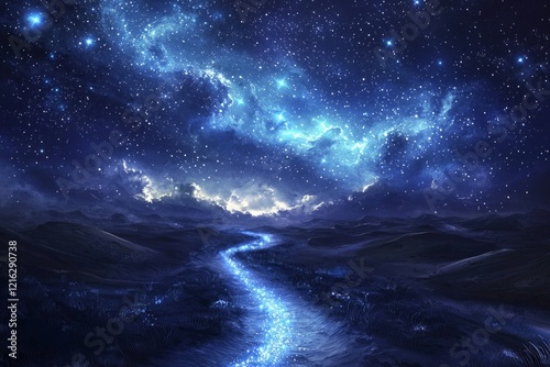 A starry path stretching across a serene desert, its sparkling trail leading toward distant sand dunes under a vast, midnight sky filled with constellations. 