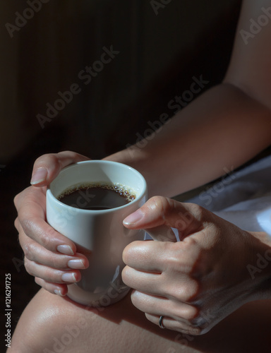 Close up of Comforting cozy female hands holding a coffee glass with the morning sunlight that shines through. Light and Shadow, use it as your Wallpaper, Poster and Space for text, Selective focus.