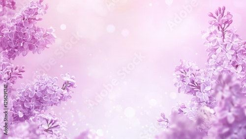 pink background with Lilac blossoms on the left side for text, white space in the center. Web banner with copy space 