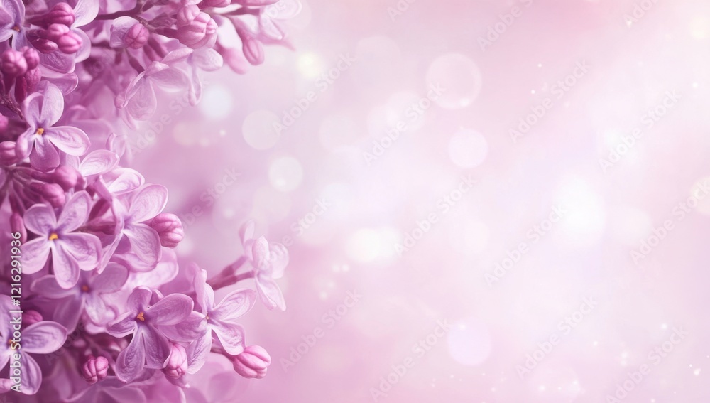 pink background with Lilac blossoms on the left side for text, white space in the center. Web banner with copy space pink background with Lilac blossoms on the left side for text, white space in the center. Web banner with copy space