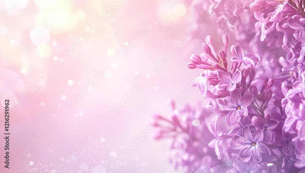 Obraz premium pink background with Lilac blossoms on the left side for text, white space in the center. Web banner with copy space 