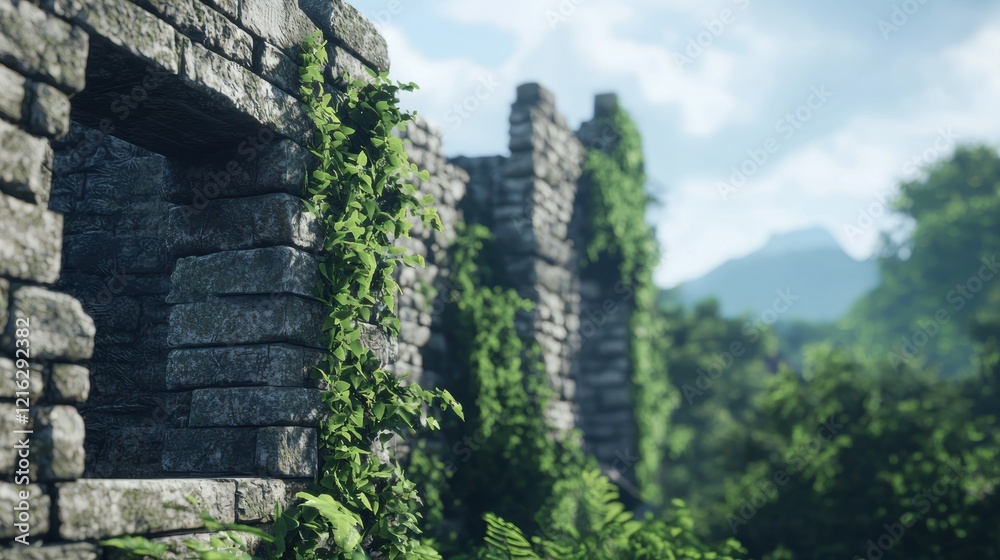 Fototapeta premium Ancient Stone Ruins Overgrown with Lush Greenery
