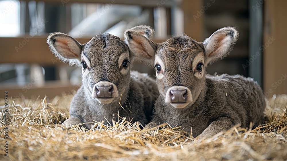 Adorable Twin Calves Resting in Hay Filled Barn. A Precious Moment Captured on Camera Adorable Twin Calves Resting in Hay Filled Barn. A Precious Moment Captured on Camera