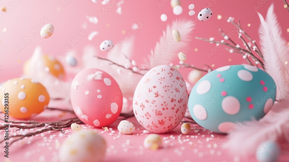 Pastel Easter eggs, feathers, branches, pink background; spring holiday card Pastel Easter eggs, feathers, branches, pink background; spring holiday card