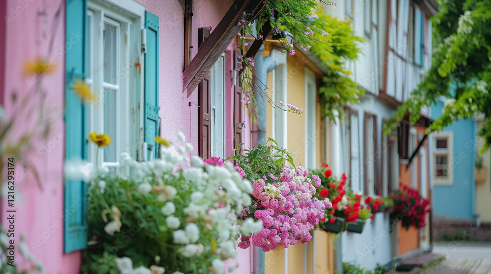 Naklejka premium Colorful European Townhouses with Vibrant Flowers