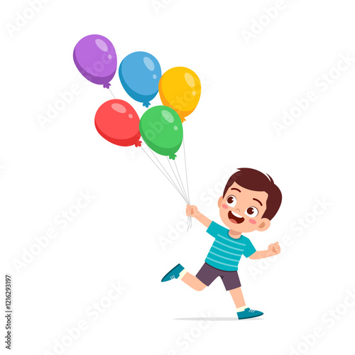 little kid holding balloon and feeling happy