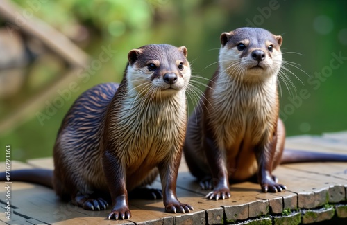 Two adorable small-clawed otters sit on wooden platform near water. Wet fur, alert expressions. Cute, fluffy wildlife portrait at zoo nature reserve. Animals appear healthy, happy. Close-up view photo