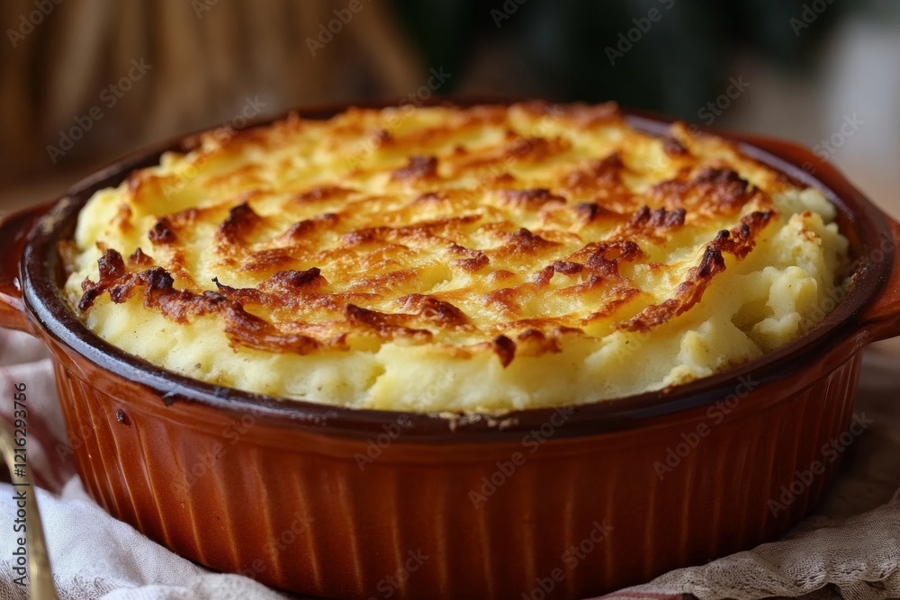 Enjoy a hearty fish pie topped with golden, crispy mashed potatoes in an earthy, rustic dish. Ideal for a comforting dinner setting or family gathering, this dish promises satisfaction Enjoy a hearty fish pie topped with golden, crispy mashed potatoes in an earthy, rustic dish. Ideal for a comforting dinner setting or family gathering, this dish promises satisfaction