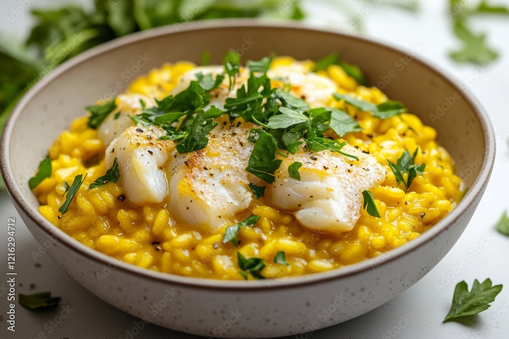 Saffron-infused fish risotto is beautifully presented in a simple bowl, topped with fresh herbs. The dish is rich in flavor and ideal for gourmet dining experiences at any time Saffron-infused fish risotto is beautifully presented in a simple bowl, topped with fresh herbs. The dish is rich in flavor and ideal for gourmet dining experiences at any time
