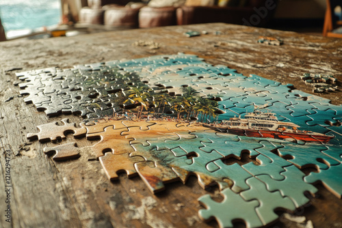 Tropical beach puzzle scene with a boat, partially completed on a rustic wooden table.