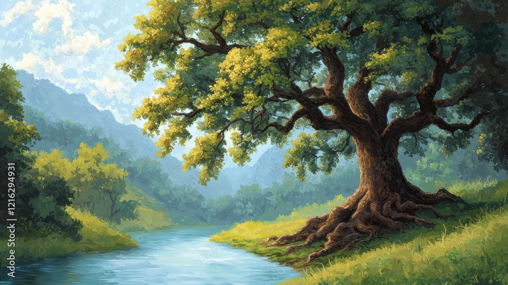 Majestic Oak Tree by Serene River in Mountain Valley Majestic Oak Tree by Serene River in Mountain Valley