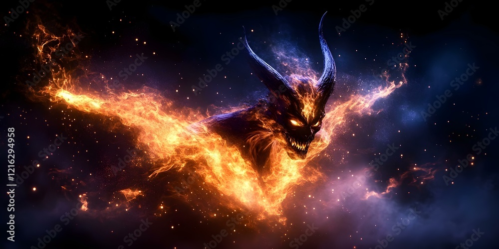 Obraz premium A fiery, demonic figure with horns and glowing eyes, surrounded by swirling flames and cosmic elements in a dark background. Concept Demonic Figure Design, Fiery Aesthetics, Cosmic Elements