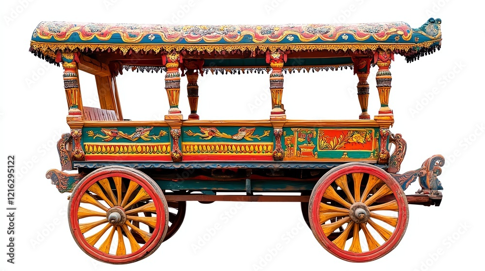 Colorful traditional cart with intricate designs and large wheels on a white background. Colorful traditional cart with intricate designs and large wheels on a white background.