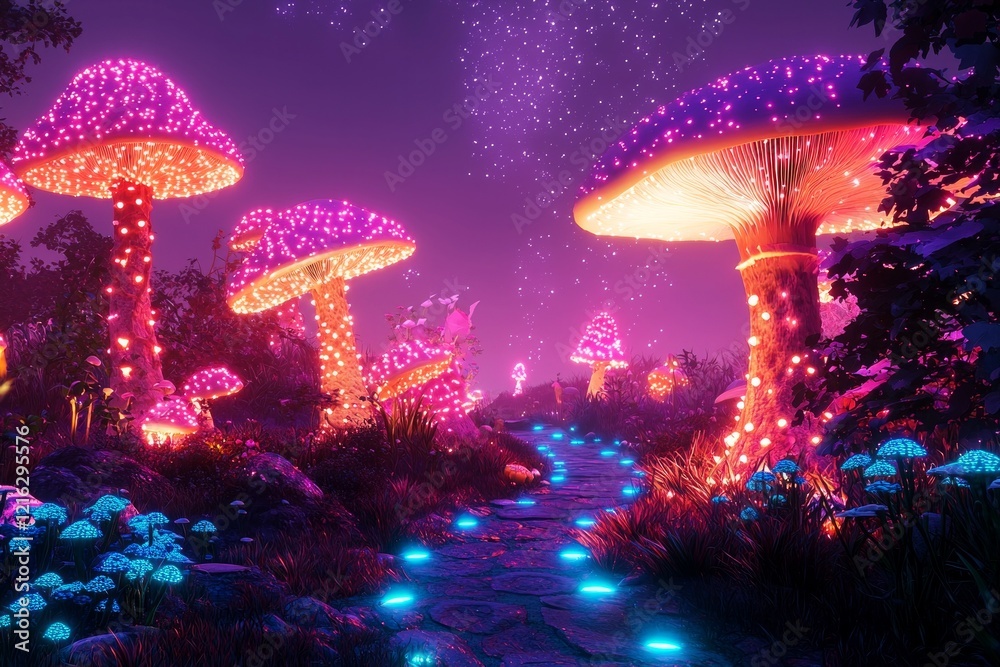 Fototapeta premium A surreal starry path curving through a garden of giant glowing mushrooms, its light mingling with bioluminescent plants under a purple sky. 