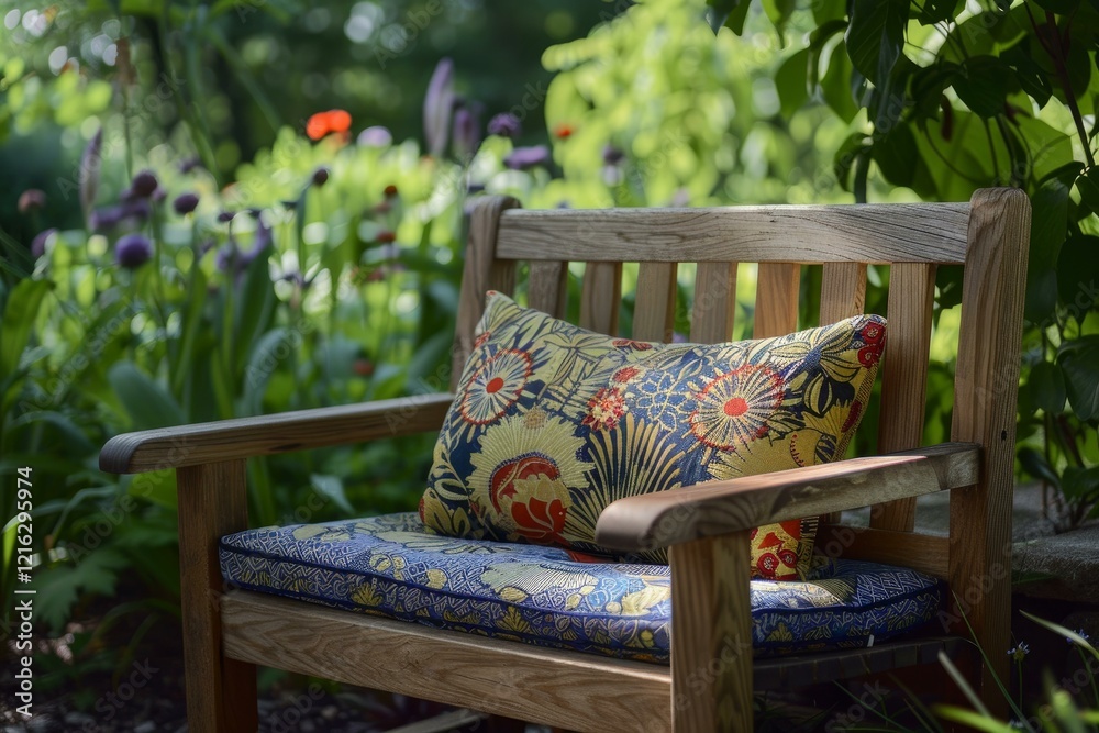 Comfortable wooden bench with patterned cushions nestled in a vibrant garden, offering a peaceful retreat