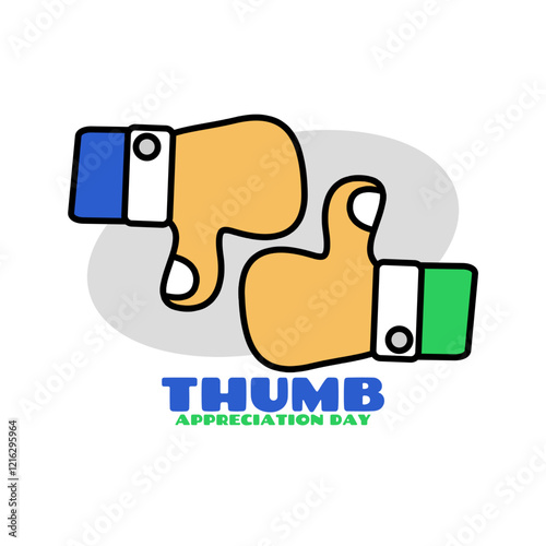 Thumb Appreciation Day to celebrate on February 18th. Illustration of a thumb gesture pointing up and down on white background.