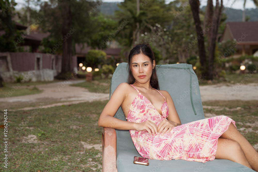 Summer beach portrait of young beautiful Asian woman