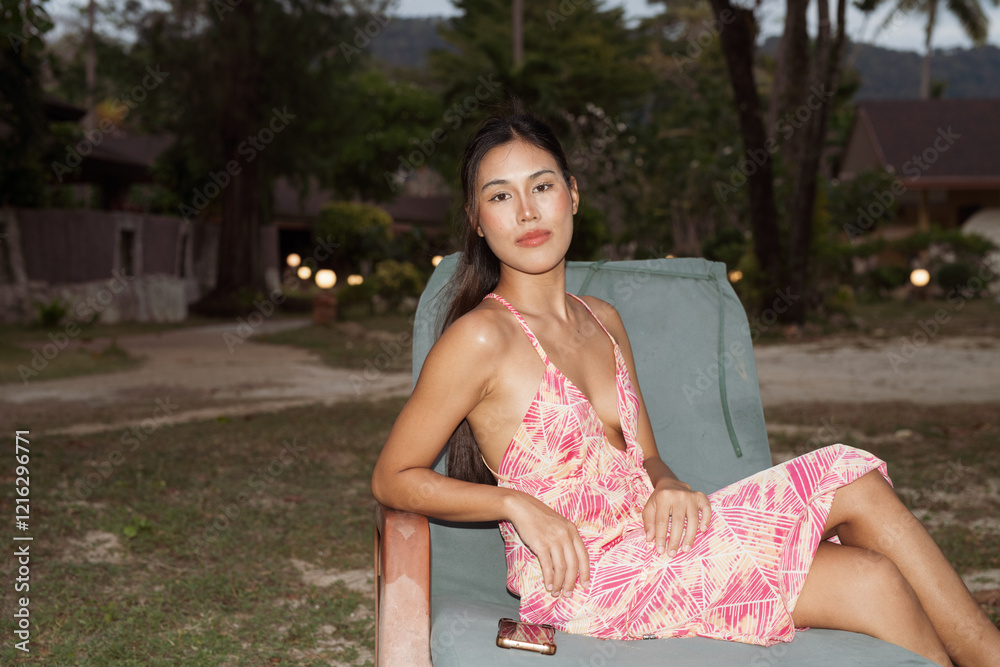 Naklejka premium Summer beach portrait of young beautiful Asian woman