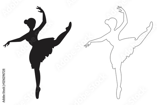 Woman ballerina jumping performs dance on stage of ballet theater performing with crown number in front of audience. Girl ballerina in spotlight is dressed for classical ballet. Ballet elements icon