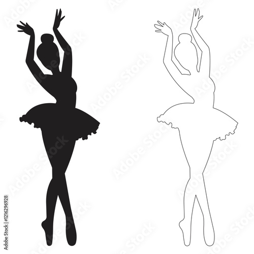 Woman ballerina jumping performs dance on stage of ballet theater performing with crown number in front of audience. Girl ballerina in spotlight is dressed for classical ballet. Ballet elements icon