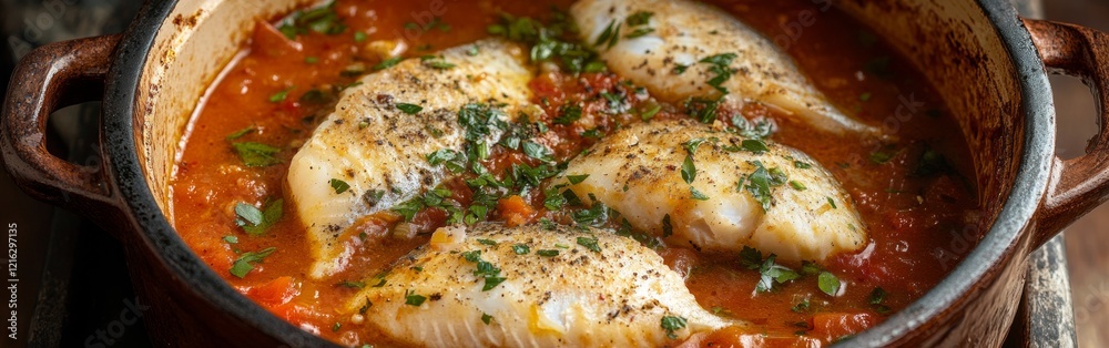 A rustic pot filled with a vibrant fish stew showcases fillets submerged in rich tomato sauce, garnished with fresh herbs. This hearty dish radiates comfort and warmth A rustic pot filled with a vibrant fish stew showcases fillets submerged in rich tomato sauce, garnished with fresh herbs. This hearty dish radiates comfort and warmth