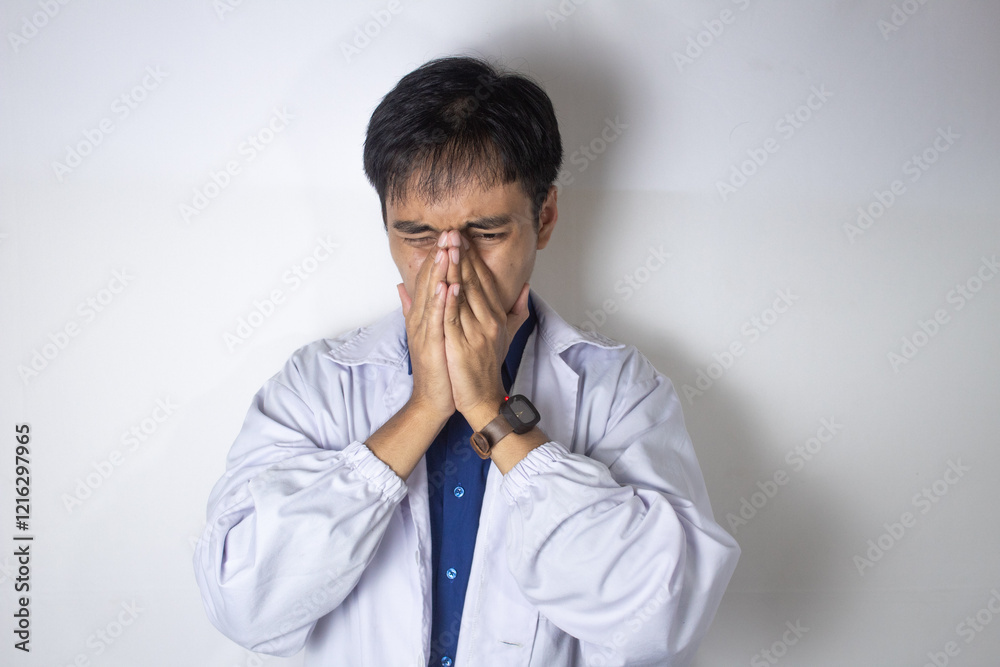 young researcher in his lab coat is sneezing young researcher in his lab coat is sneezing