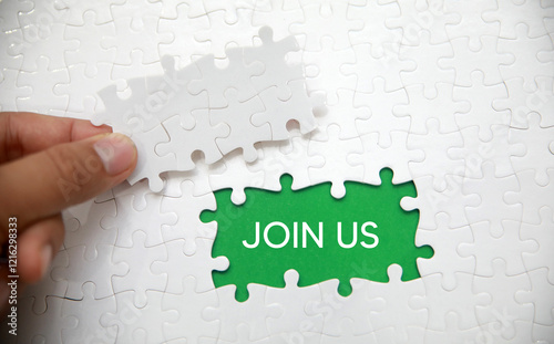 Join us message on missing puzzle piece. Recruitment, membership or to join a cause concept.