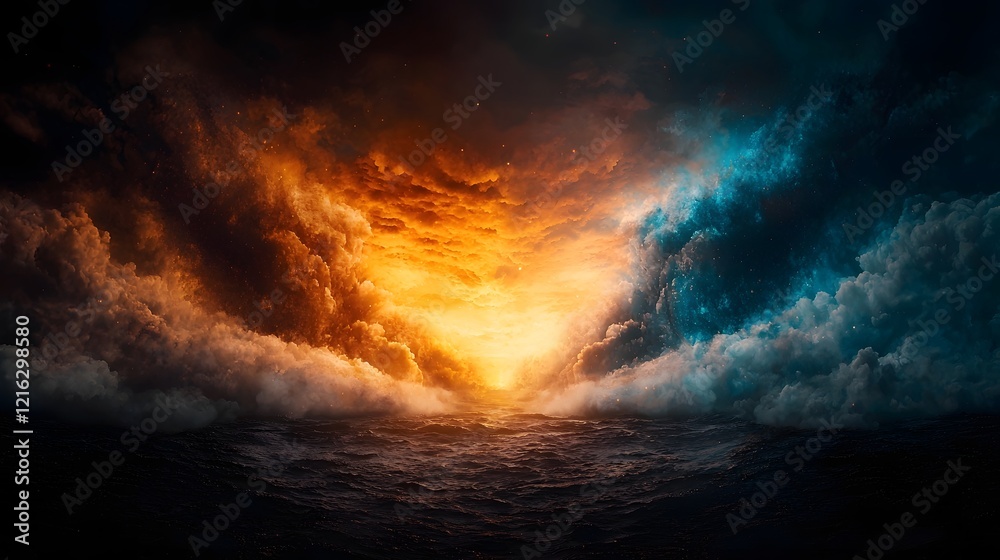 Fototapeta premium Dramatic cosmic battle between the forces of light and darkness raging in an apocalyptic stormy sky with swirling clouds intense fire and a sense of turbulent epic conflict