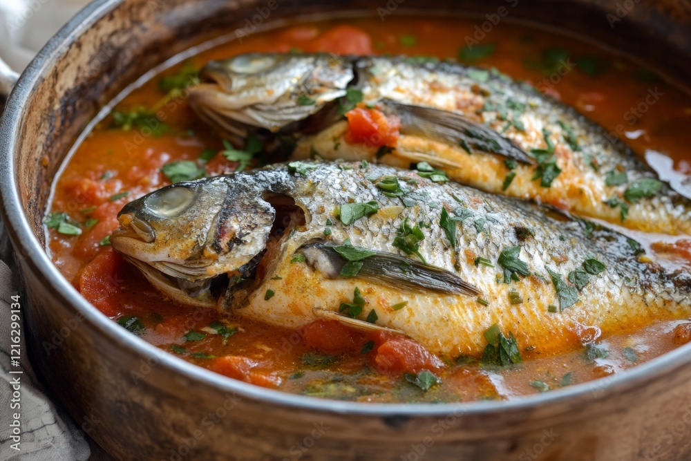This dish showcases a vibrant fish stew simmering in a rich tomato sauce, topped with fresh herbs, all presented in a charming rustic pot perfect for family gatherings This dish showcases a vibrant fish stew simmering in a rich tomato sauce, topped with fresh herbs, all presented in a charming rustic pot perfect for family gatherings