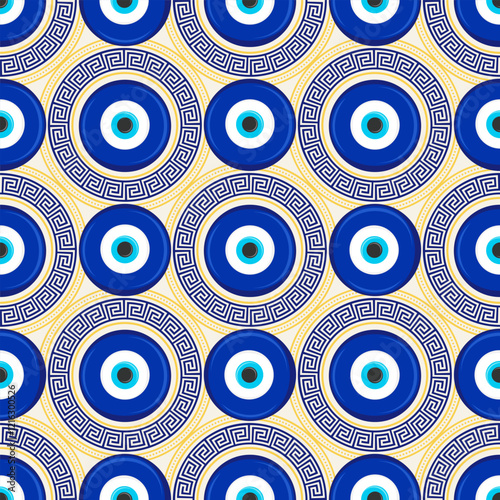 Evil eye seamless pattern. Turkish blue bead with meander. Greek vector magic background with ethnic nazar symbol of protection and luck. Traditional ornament with energy amulet and spiritual talisman