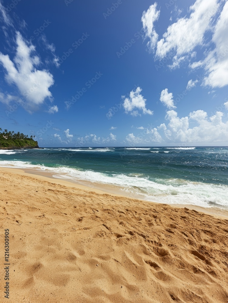 Fototapeta premium Sunny Tropical Beach with Clear Blue Sky and Ocean Waves