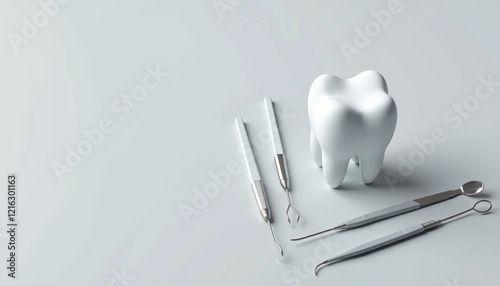 Dental tools and a tooth model in a minimalist style in white and silver representing oral care against a plain background with copy space photo