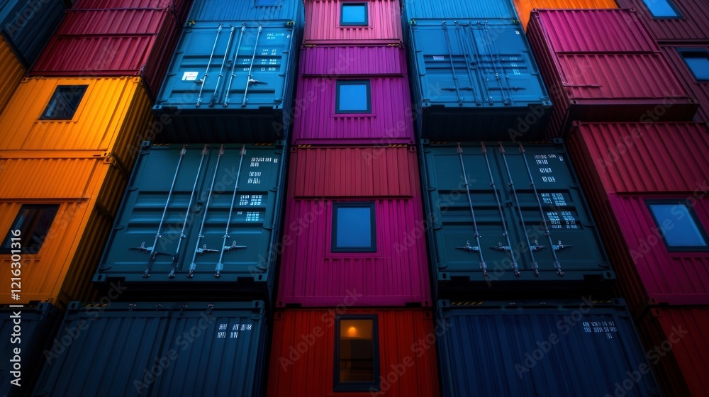 Fototapeta premium Colorful Stacked Cargo Containers at Night