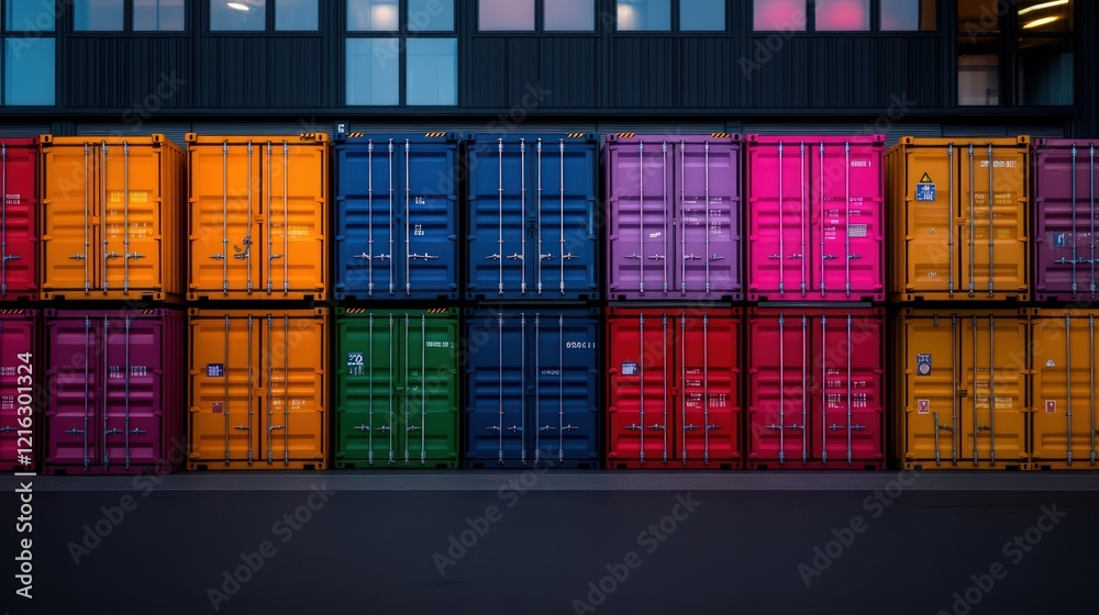Fototapeta premium Colorful Cargo Containers Stacked Against a Building