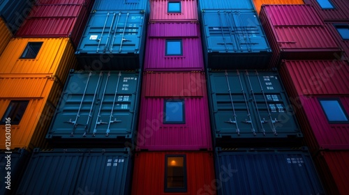 Colorful Stacked Cargo Containers at Night photo