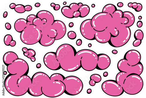 Y2k funky cloud shapes. Playful vector design. Cartoon retro pink bubbles. Bright soap suds illustration on white background