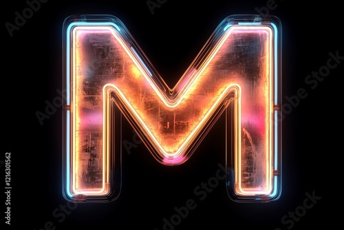 neon light letter M on black background