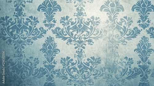Vintage blue wallpaper with intricate, ornate patterns and muted tones. photo