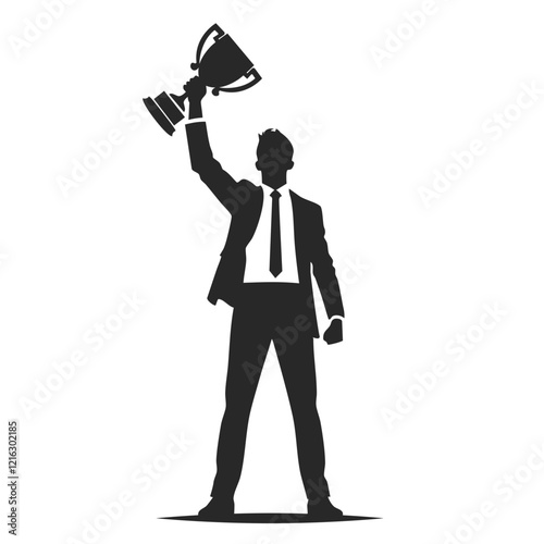 silhouette of a businessman stand and holding up a trophy