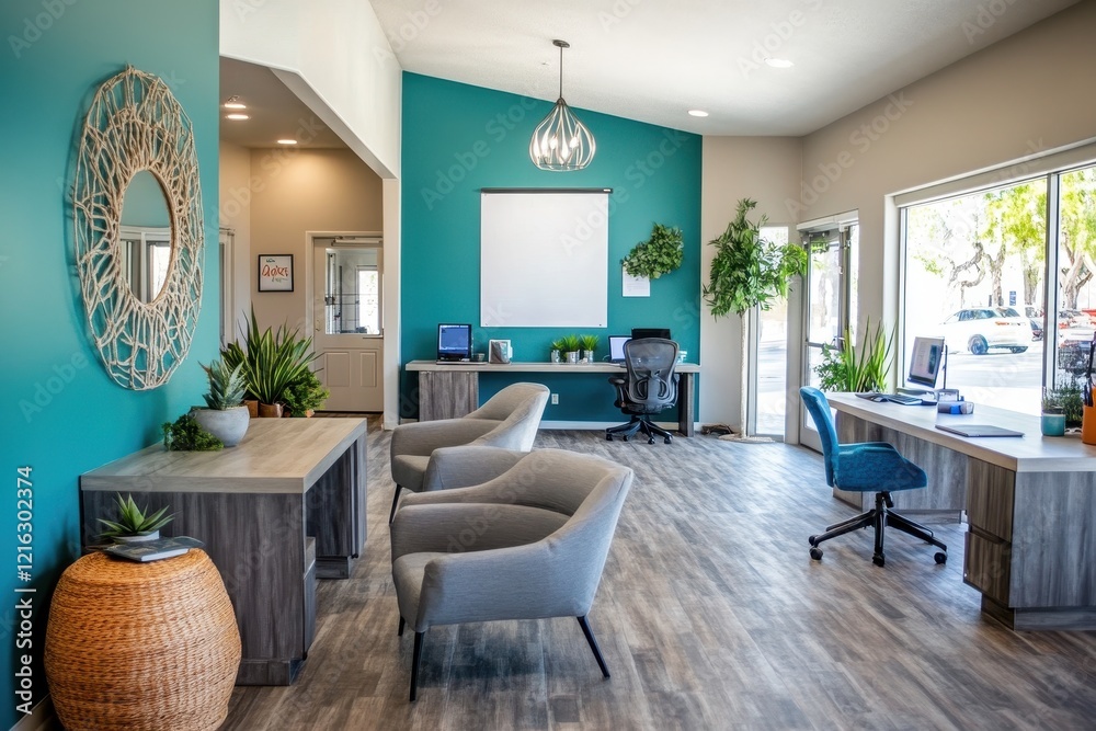 Fototapeta premium Modern Teal and Gray Office Lobby Interior Design with Comfortable Seating and Workspace